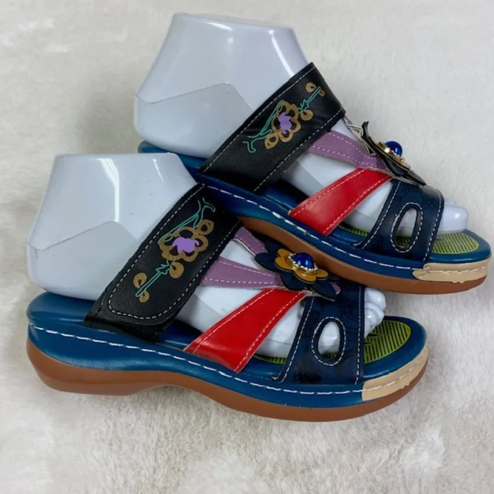 Colorful Hook and Loop‎ Summer Boho Wedge Sandals, size EU 35, US 5